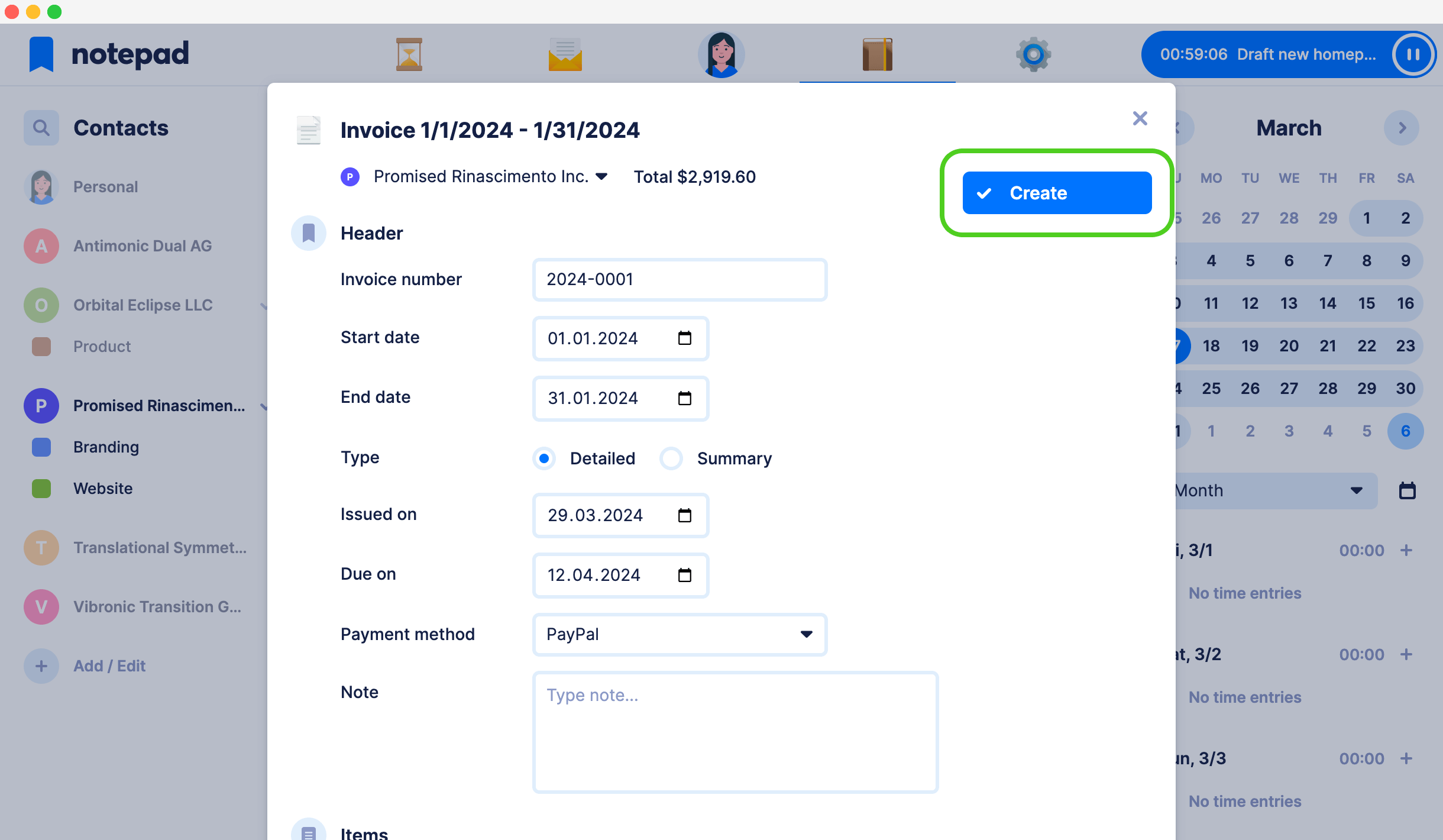 Quick and easy invoice creation with a single click