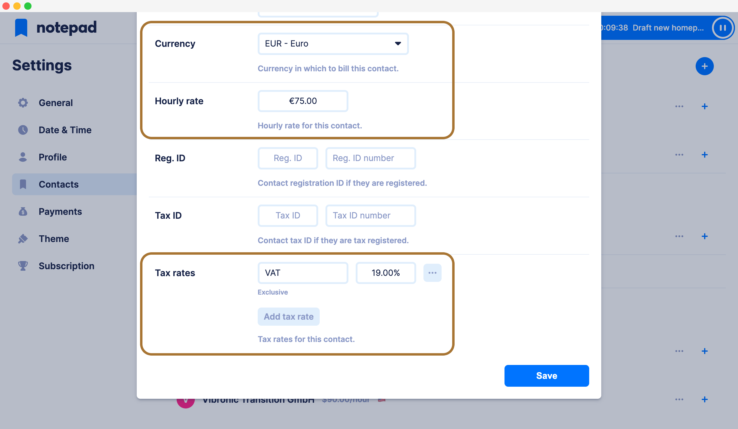 Individual hourly rate, currency and tax rates per contact