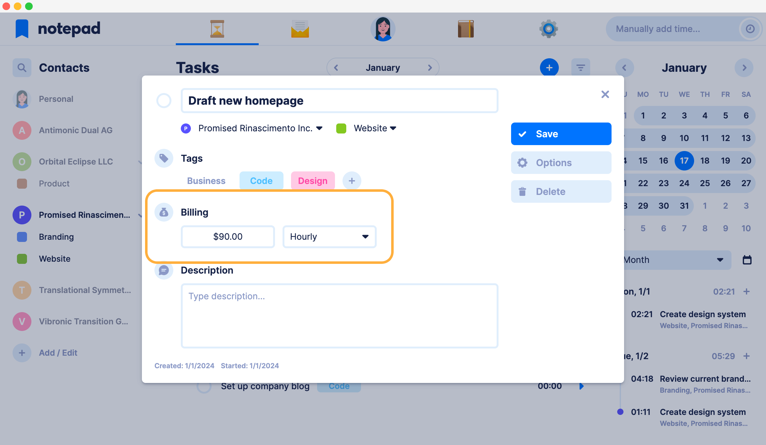 Bill tasks by spent time or by a fixed amount