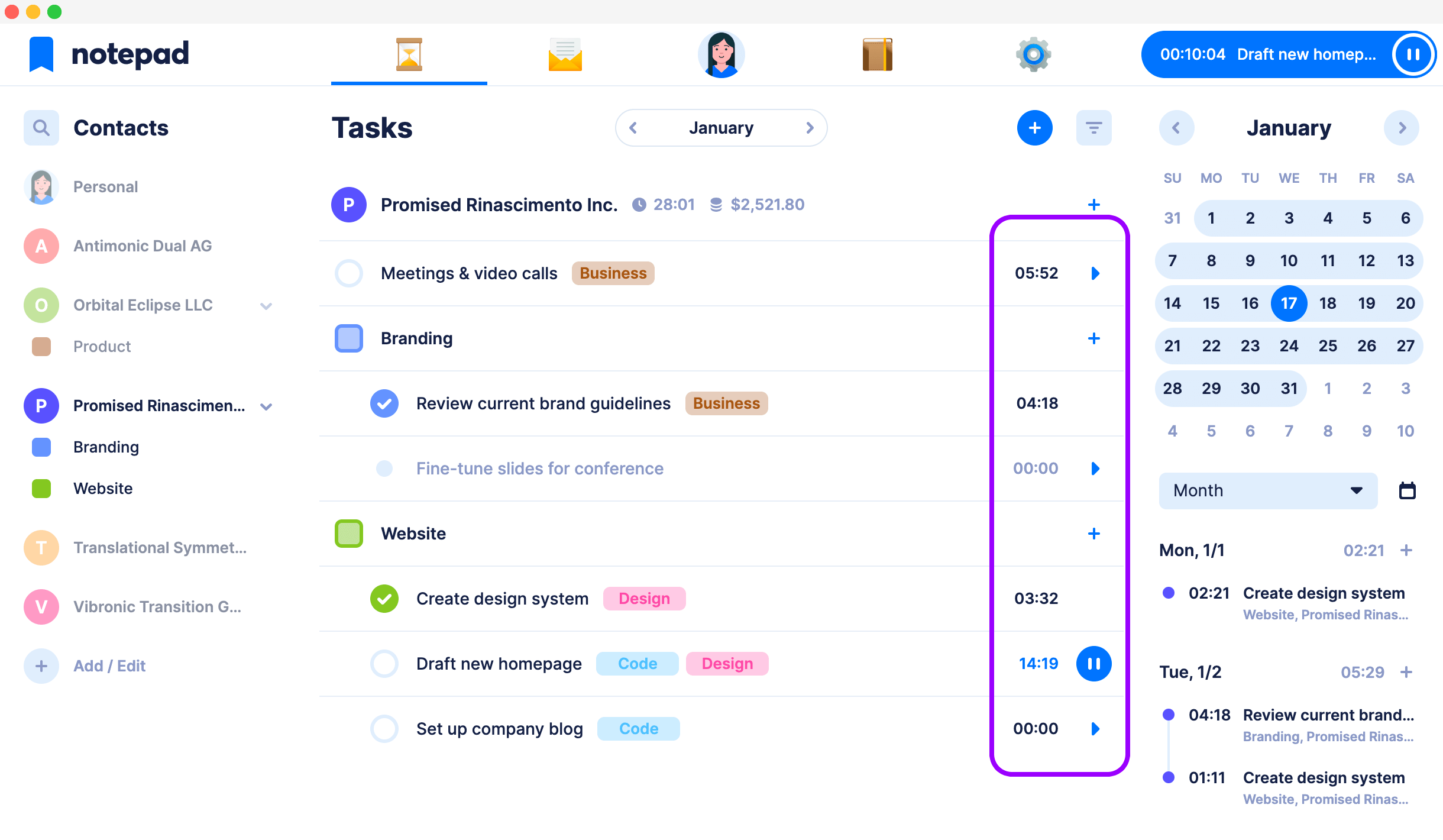 Initiate time tracking directly on tasks