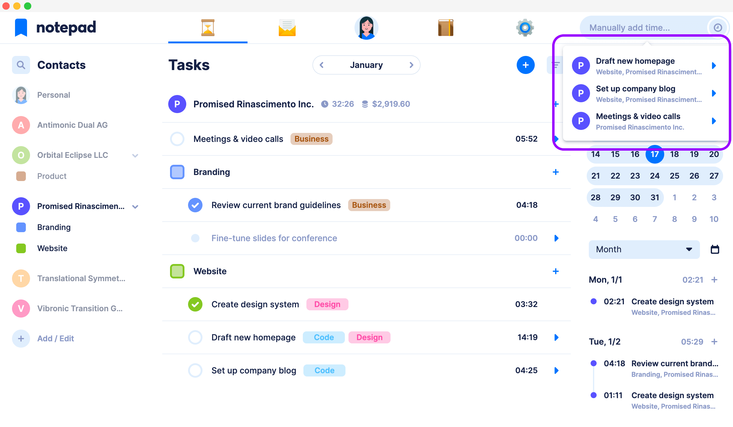 Continue previous tracking sessions in the time tracker