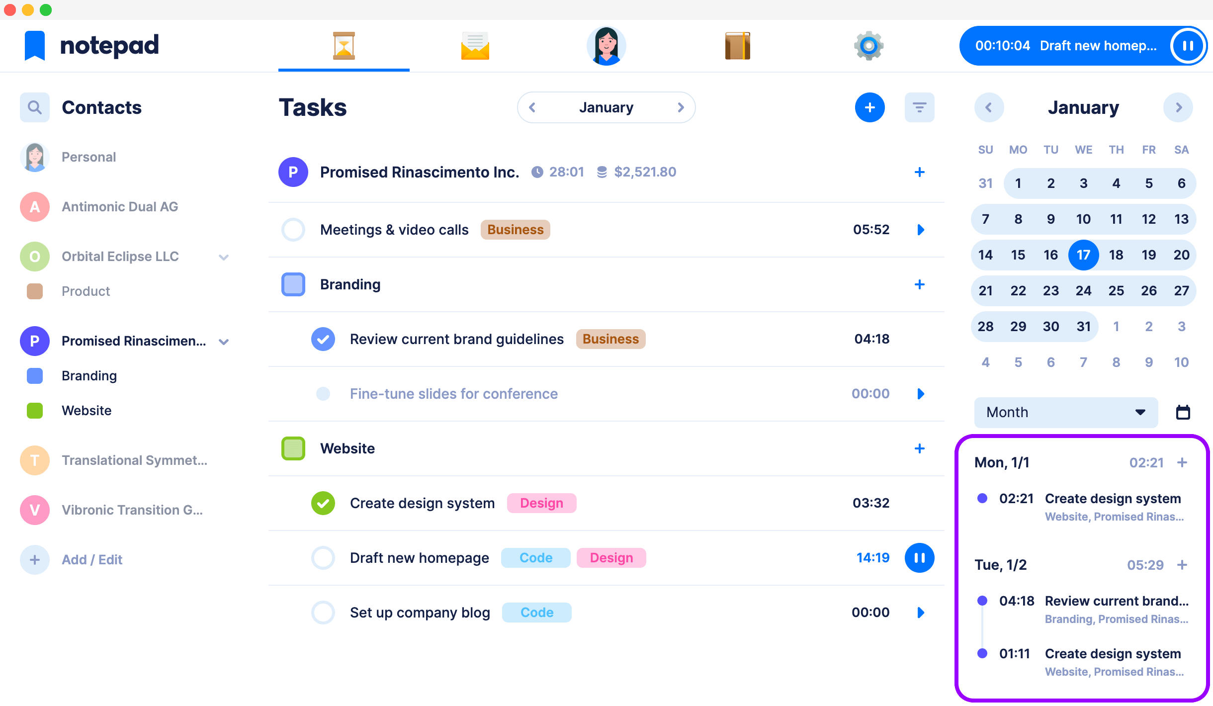 Browse tracked time in the timeline